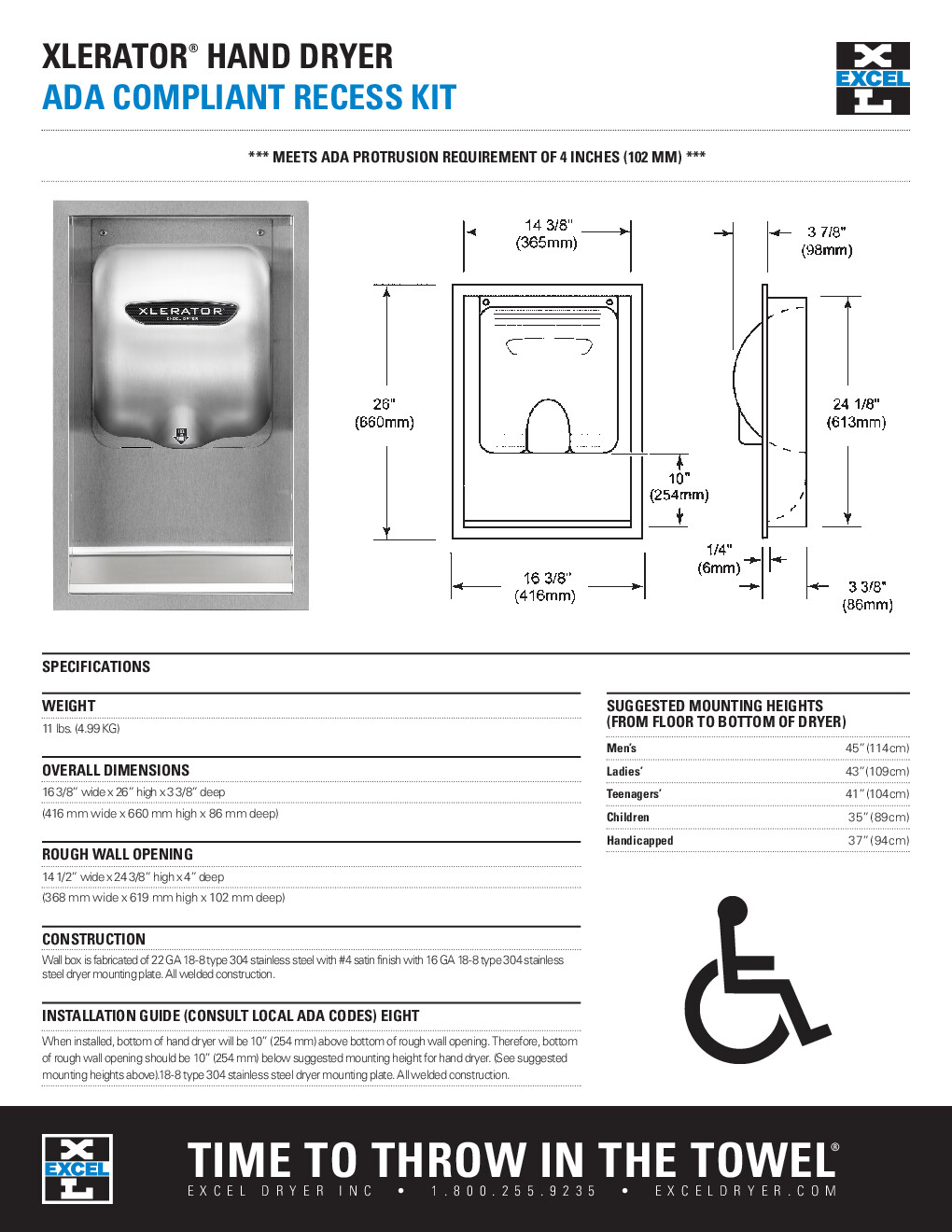 Excel Dryer 40502 XLERATOR® Hand Dryer Recess Kit