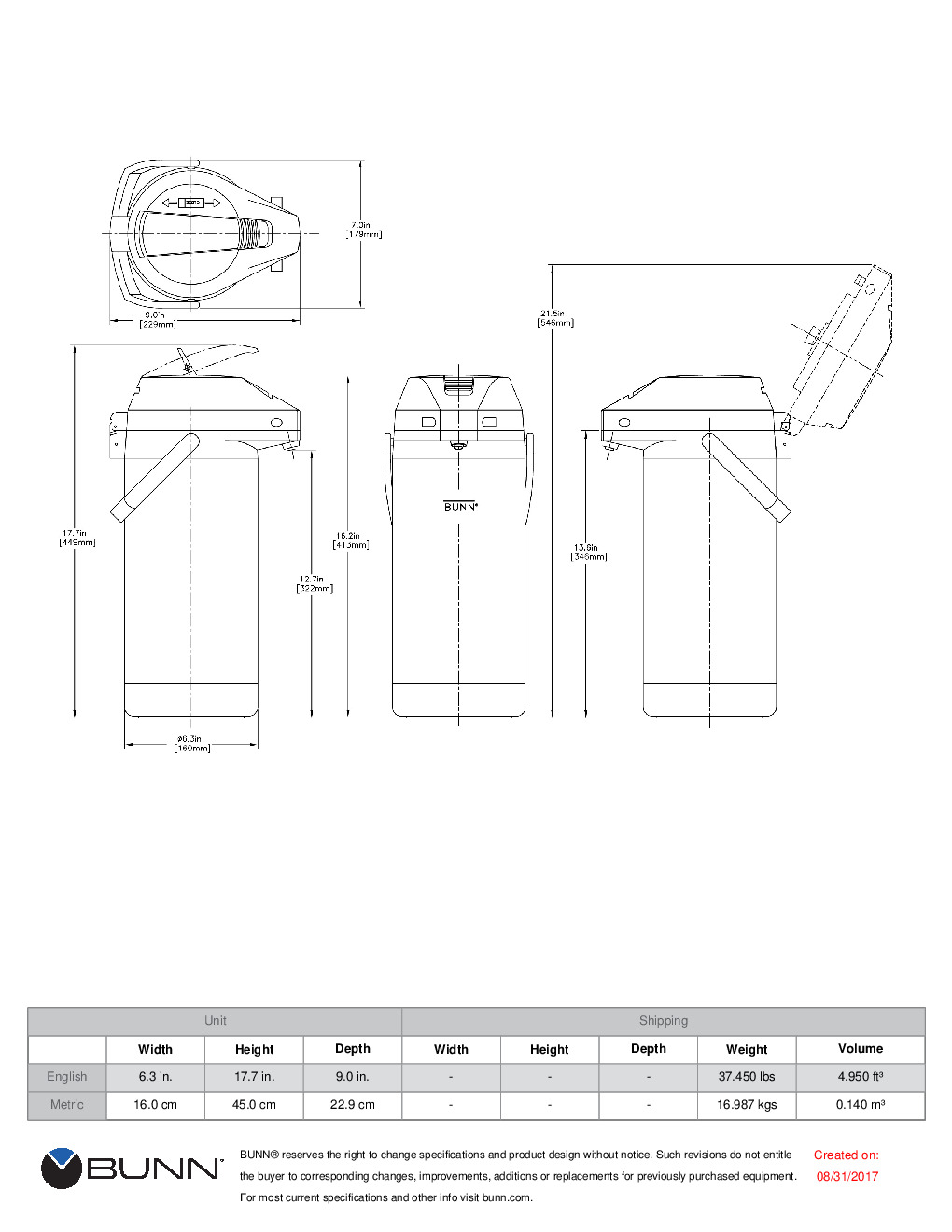 BUNN 3.8L Stainless Steel Lever Action Airpot