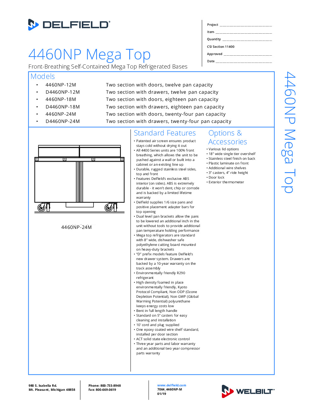 Delfield 4460NP-18M Mega Top Refrigerated Prep Table w/ 20.20 Cu Ft, 2 Doors, (18) 1/6 Pans