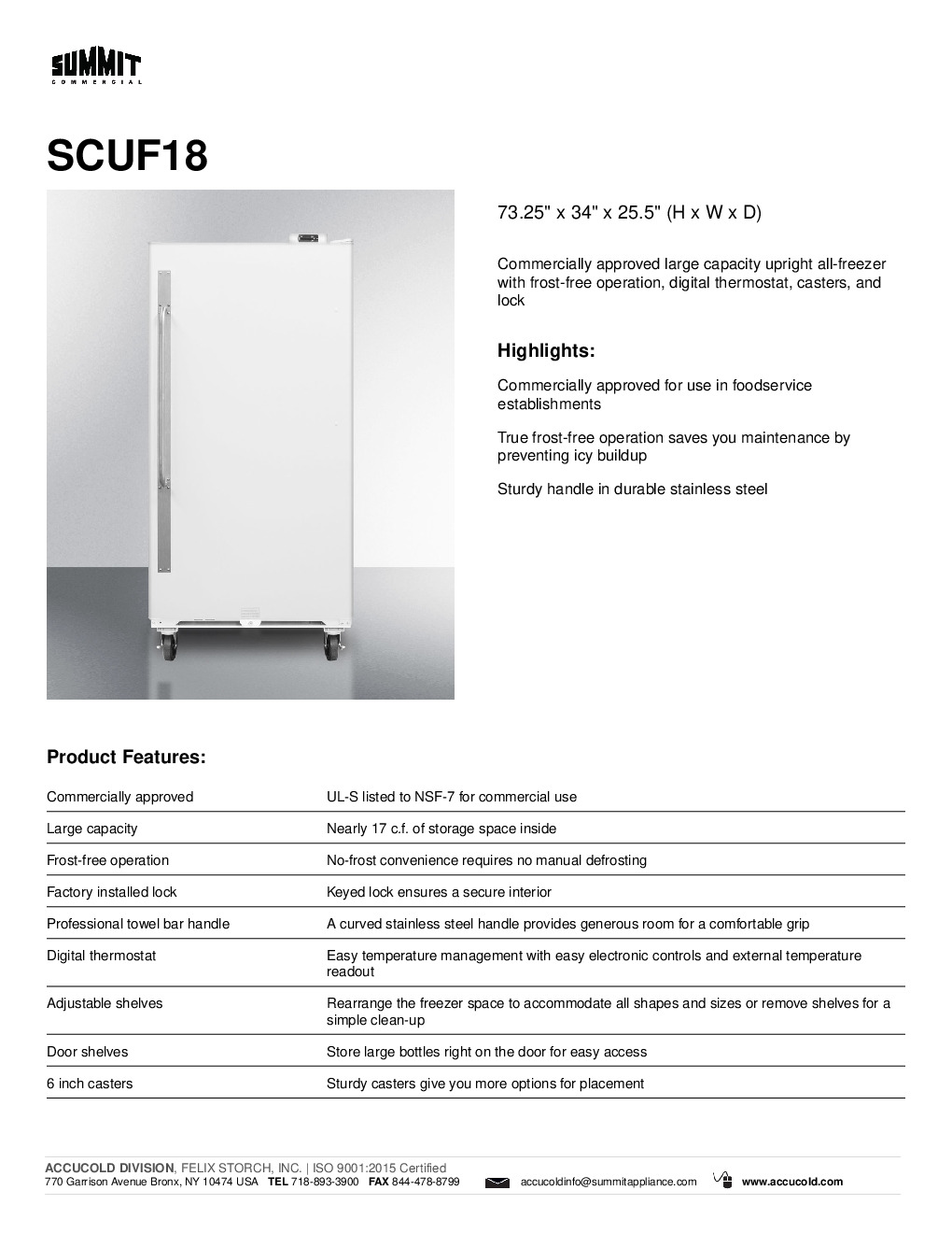 Summit SCUF18 Reach-In Freezer