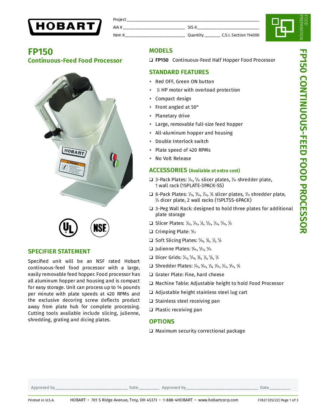 Hobart FP150-1 Benchtop Continuous Feed Food Processor, Unit Only, Full Size Hopper,14 Ib Per Minute, 1/2 hp 120v/60/1-ph