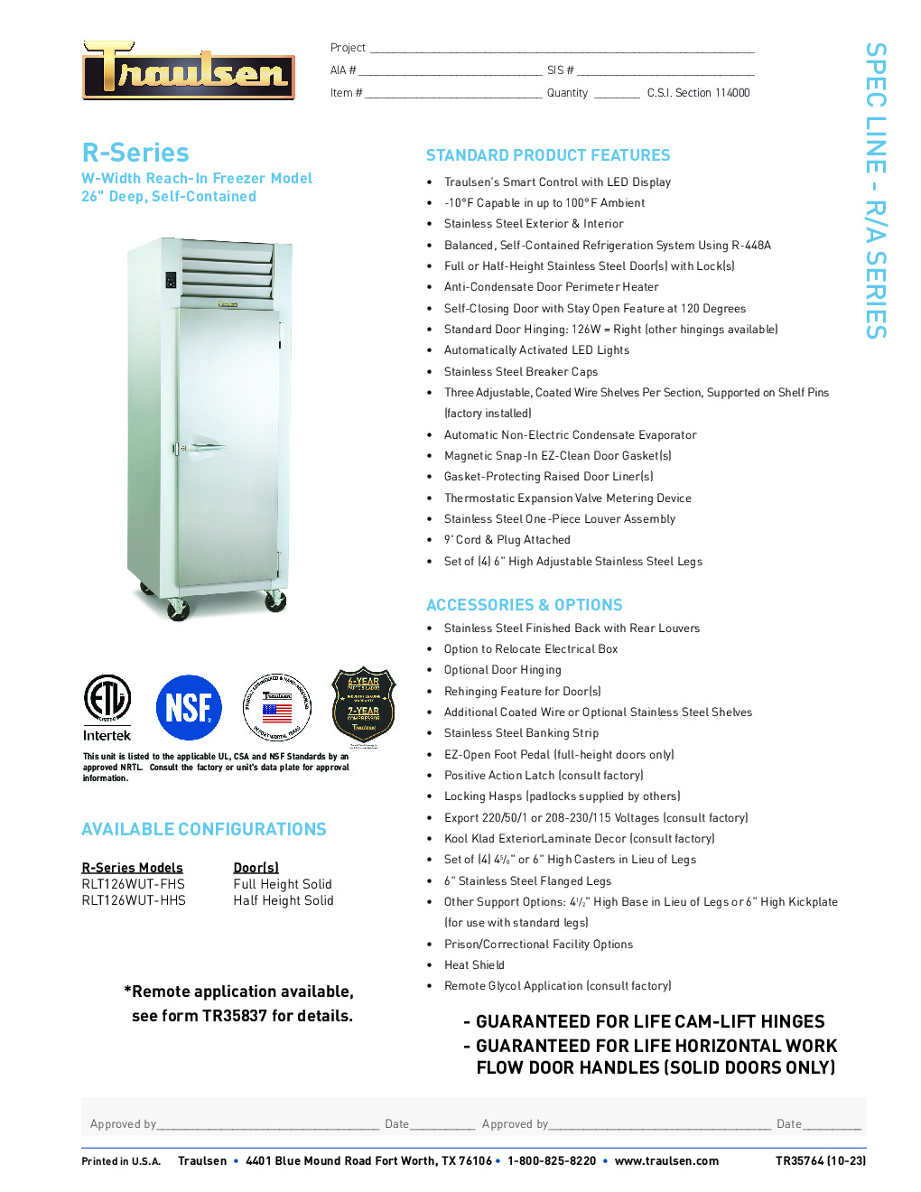 Traulsen RLT126WUT-FHS Reach-In Freezer