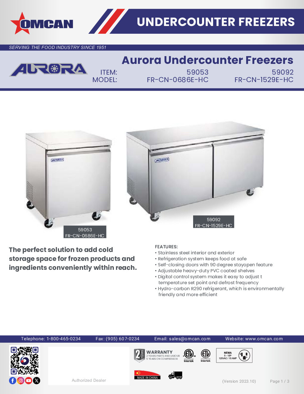Omcan USA 59053 Reach-In Undercounter Freezer