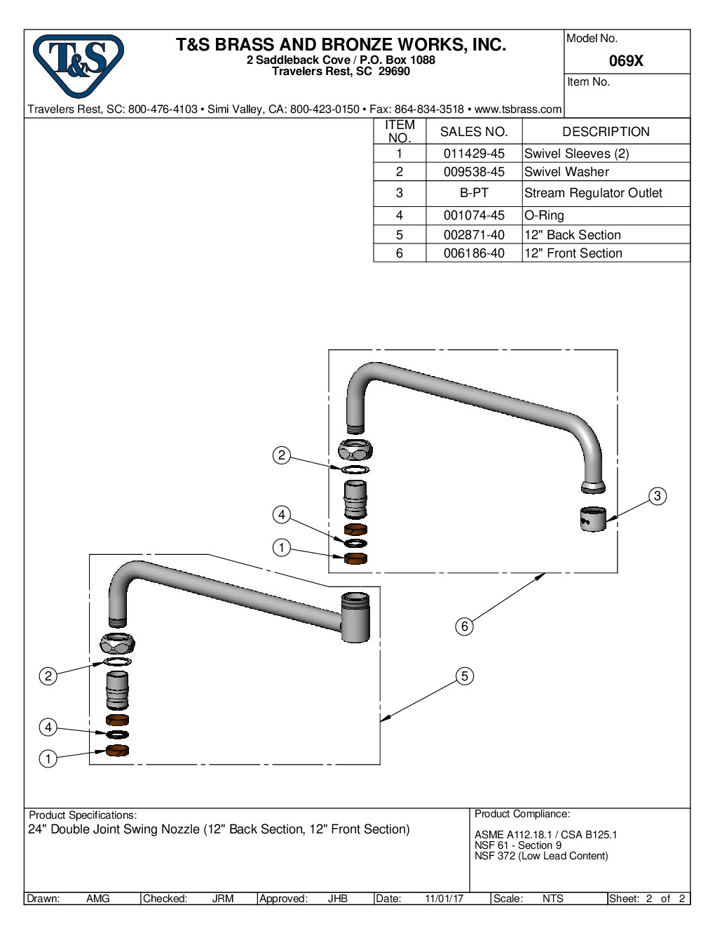 T&S Brass 069X Spout / Nozzle Faucet