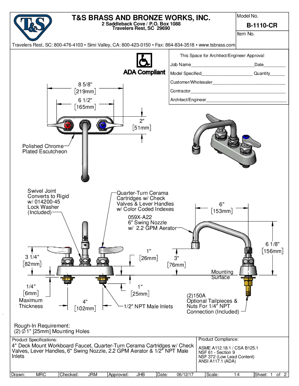 T&S Brass B-1110-CR Deck Mount Faucet