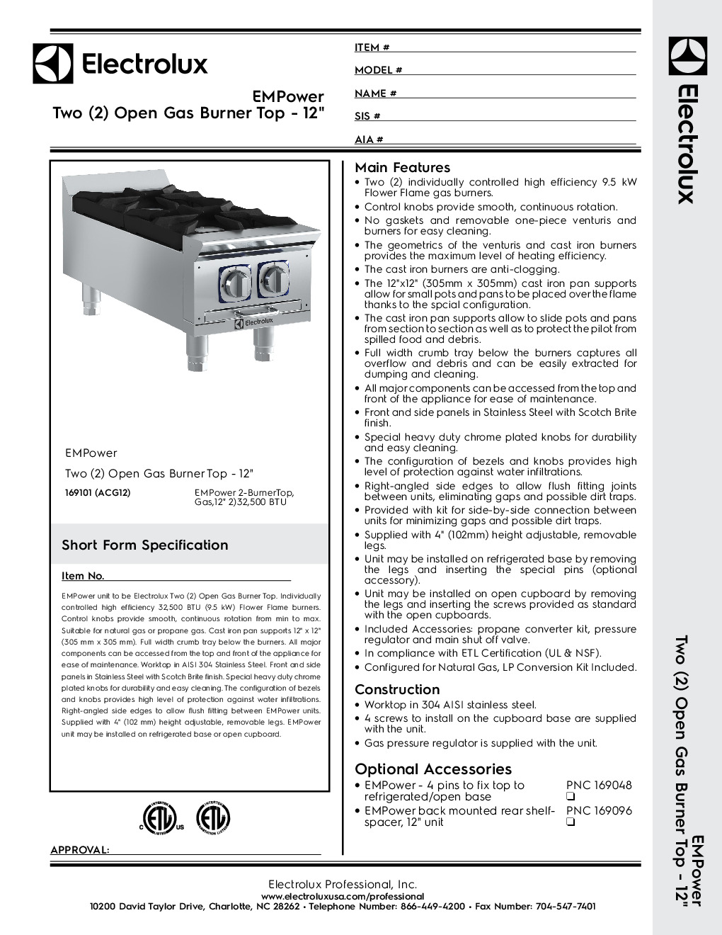 Electrolux 169101 Gas Countertop Hotplate