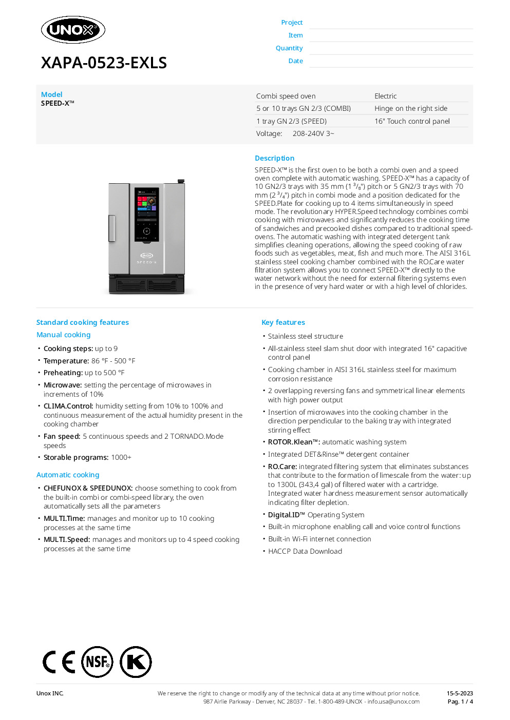 UNOX XAPA-0523-EXLS Electric Combi Oven