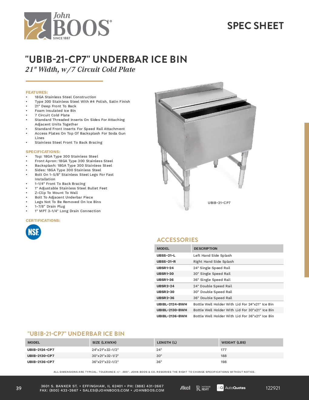 John Boos UBIB-2136-CP7-X Underbar Ice Bin / Cocktail Unit w/ 7 Circuit Cold Plate 