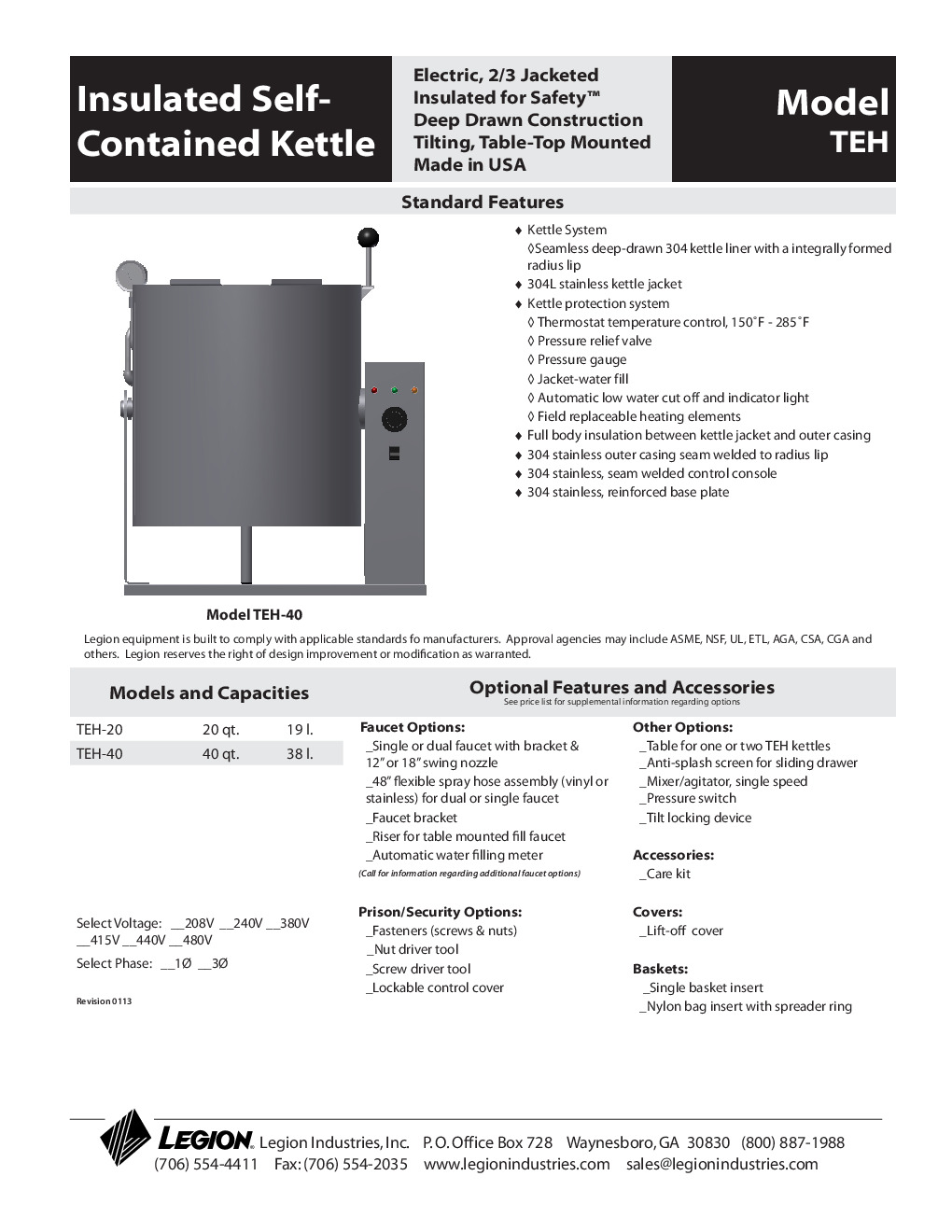 Legion TEH-40-MSSA Electric Steam Insulated Self-Contained Kettle – Rhino  Trade LLC