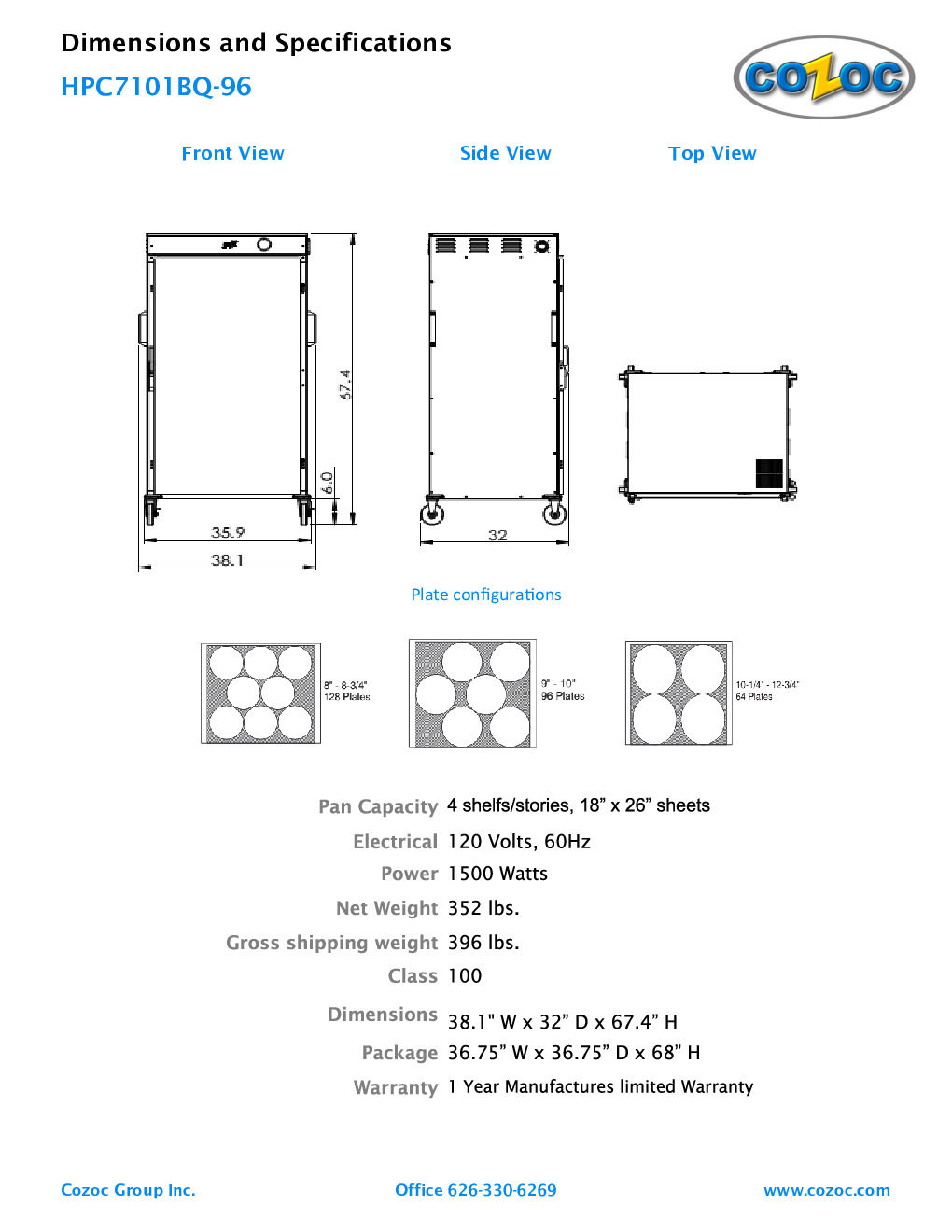 Cozoc HPC7101BQ-96 Half-Height Heated Holding Proofing Cabinet