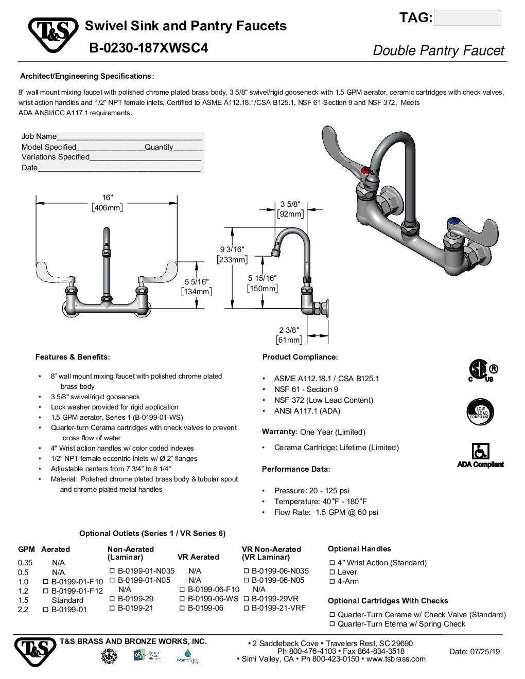 T&S Brass B-0230-187XWSC4 Wall / Splash Mount Faucet