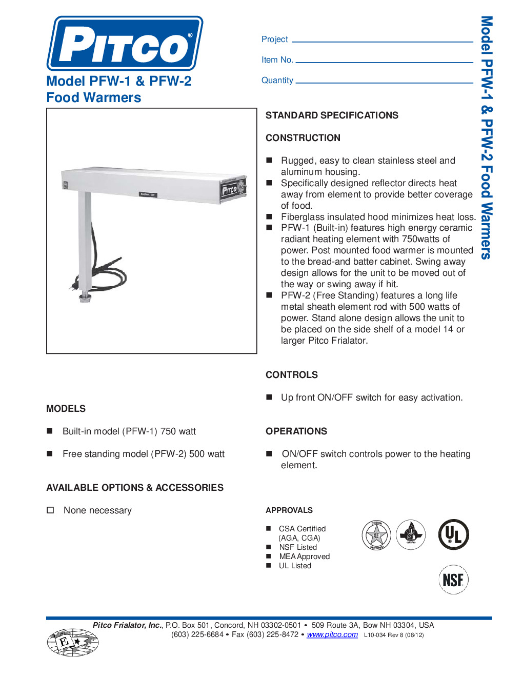 Pitco PFW-1 Strip Type Heat Lamp