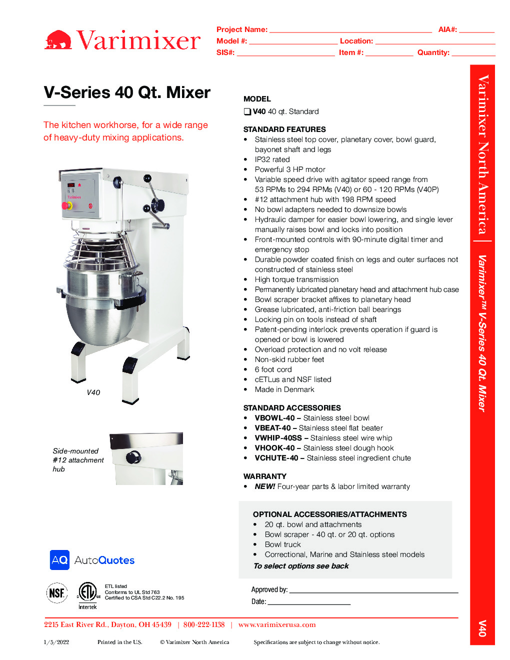 Varimixer V40 40-Qt. Planetary Mixer, Floor Model w/ Attachments, Variable Speed, 3 HP