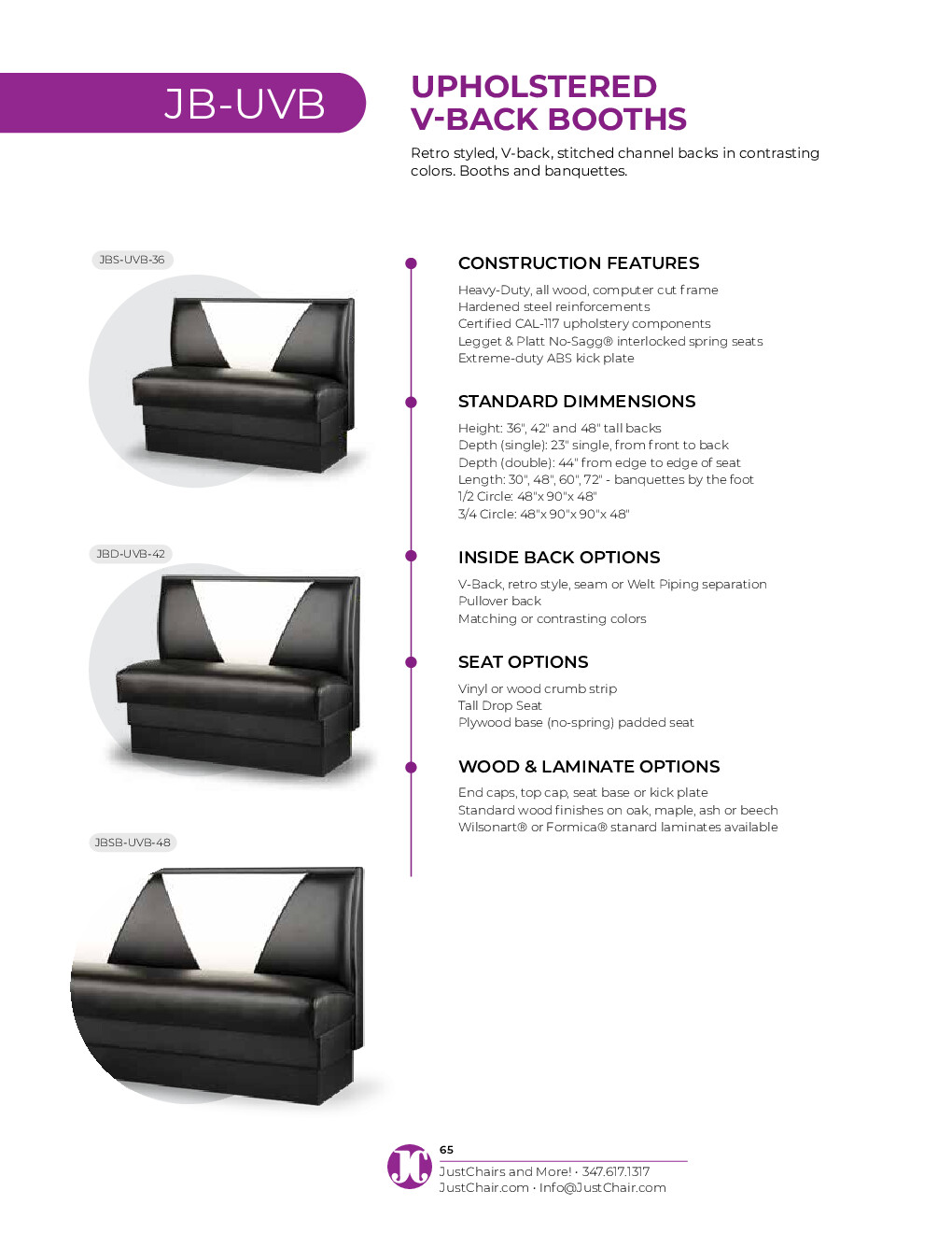 JustChair JBS-UVB-48-GR1/COM Custom Booth, Single V Back, Upholstered Seat, 48
