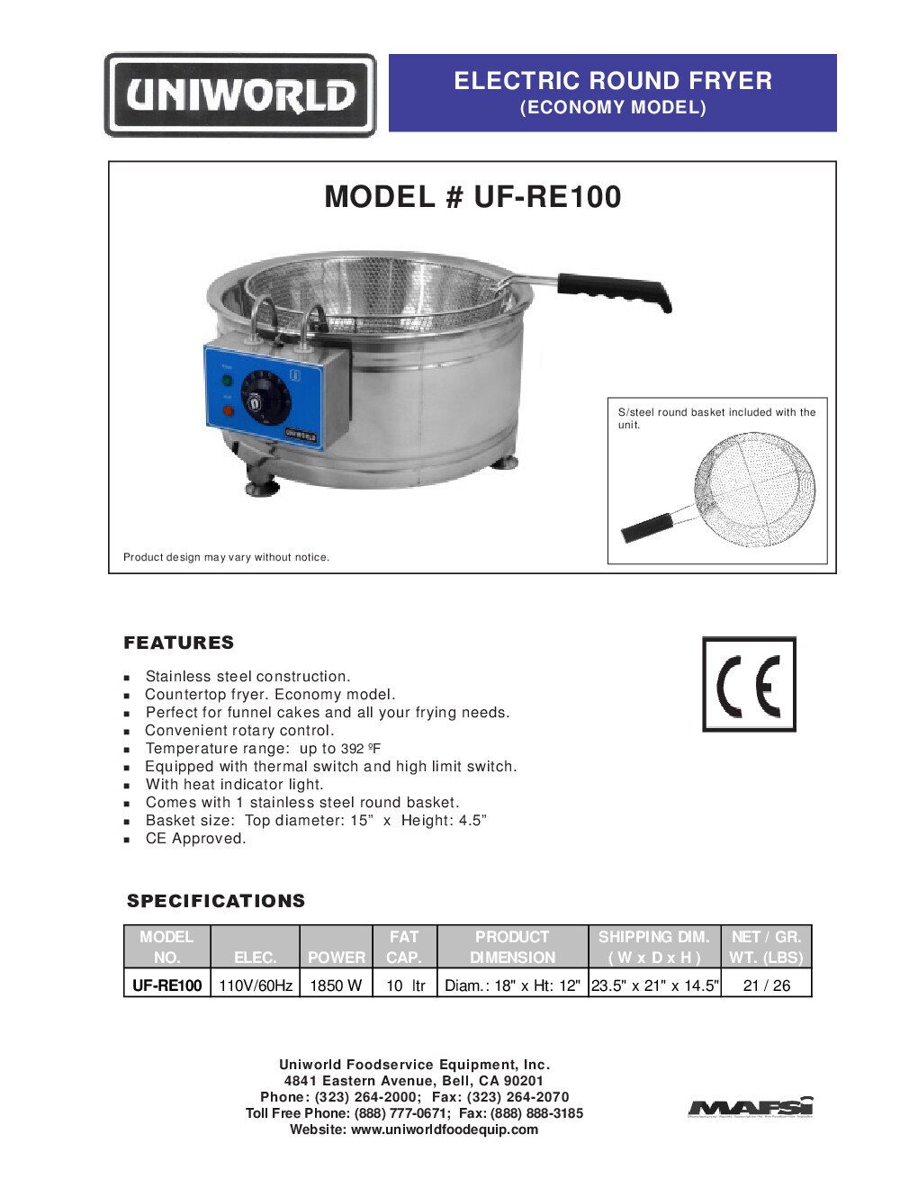 Uniworld UF-RE100 Full Pot Countertop Electric Fryer