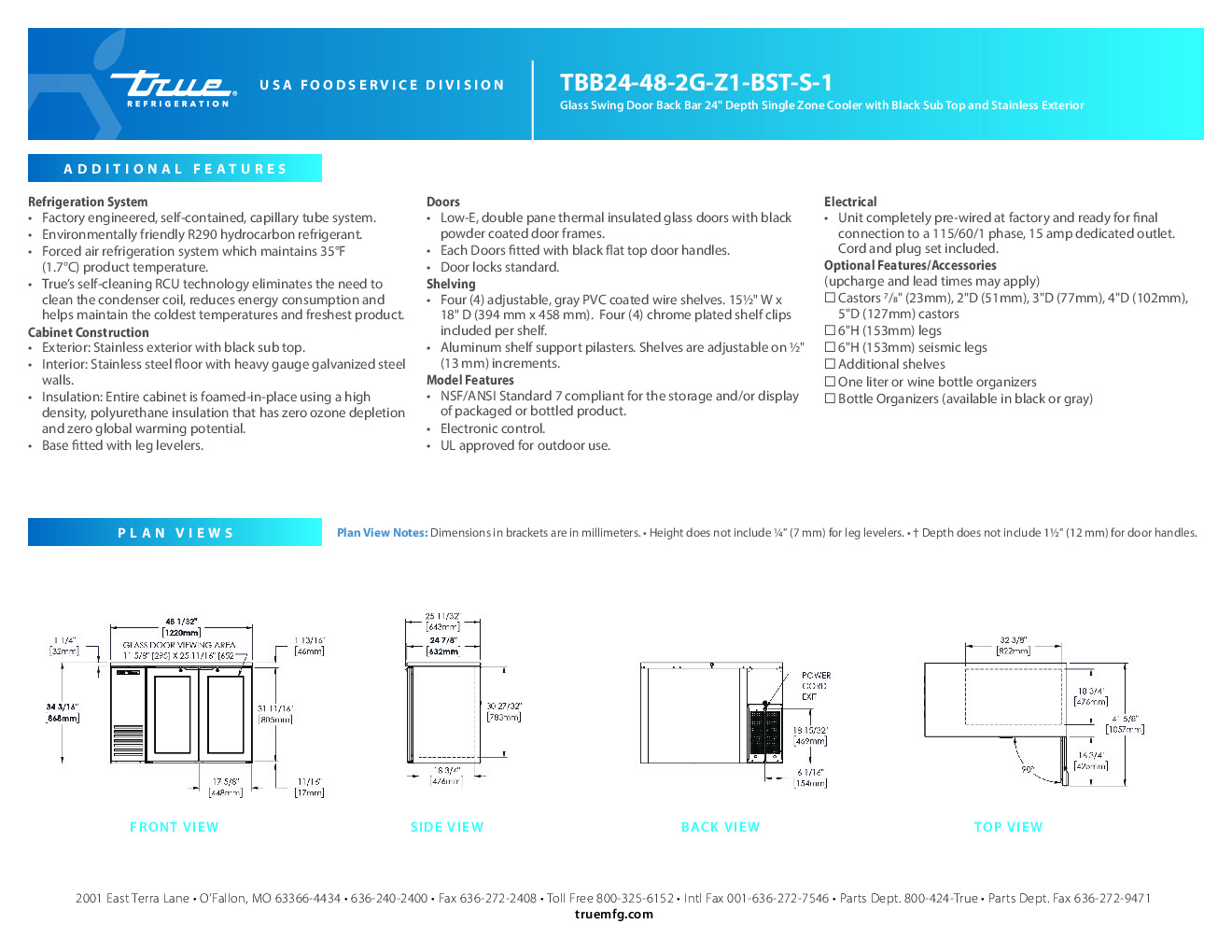 True TBB24-48-2G-Z1-BST-S-1 Refrigerated Back Bar Cabinet