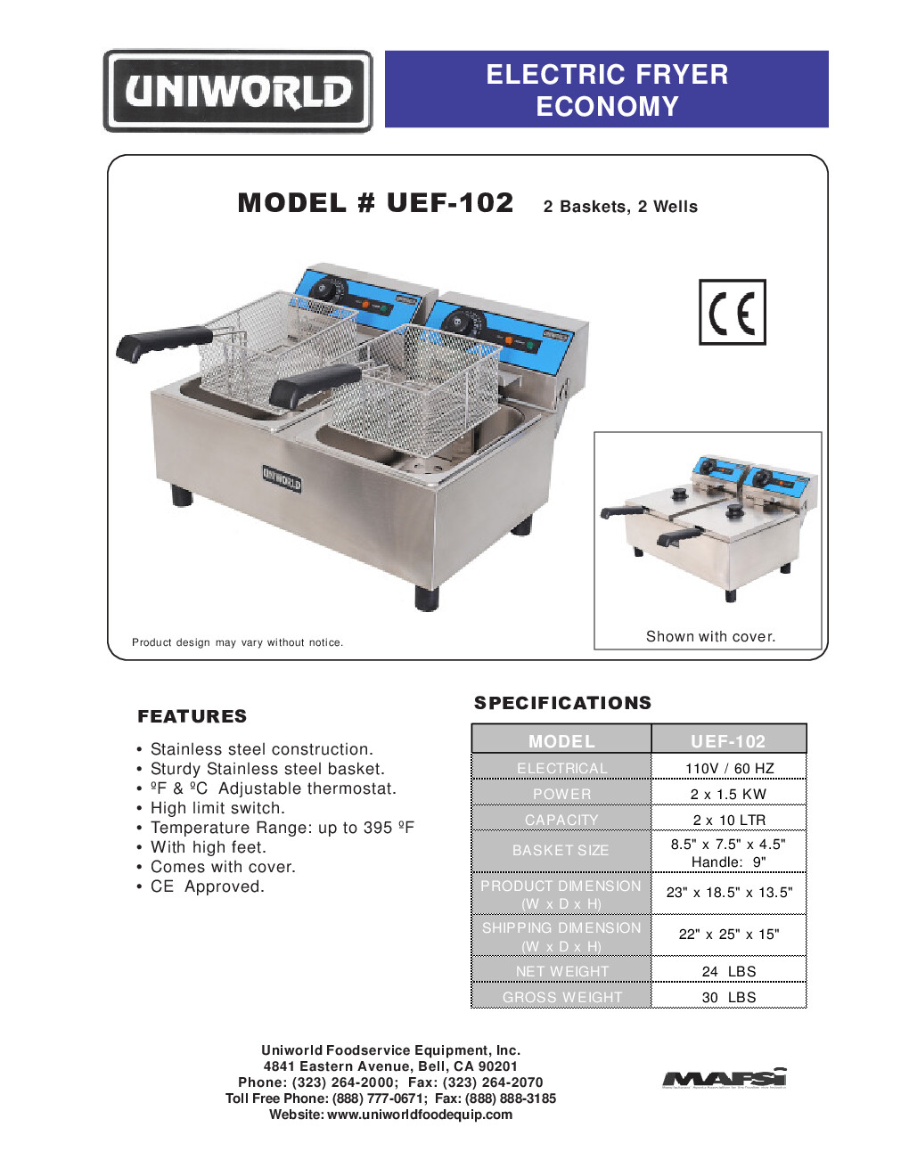 Uniworld UEF-102 Split Pot Countertop Electric Fryer w/ 2 Baskets, 20-Liter Capacity, High Feet