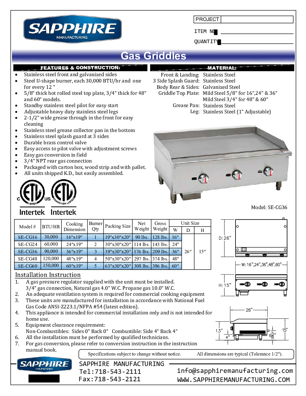 Sapphire Manufacturing SE-CG48 Countertop Gas Griddle / Hotplate