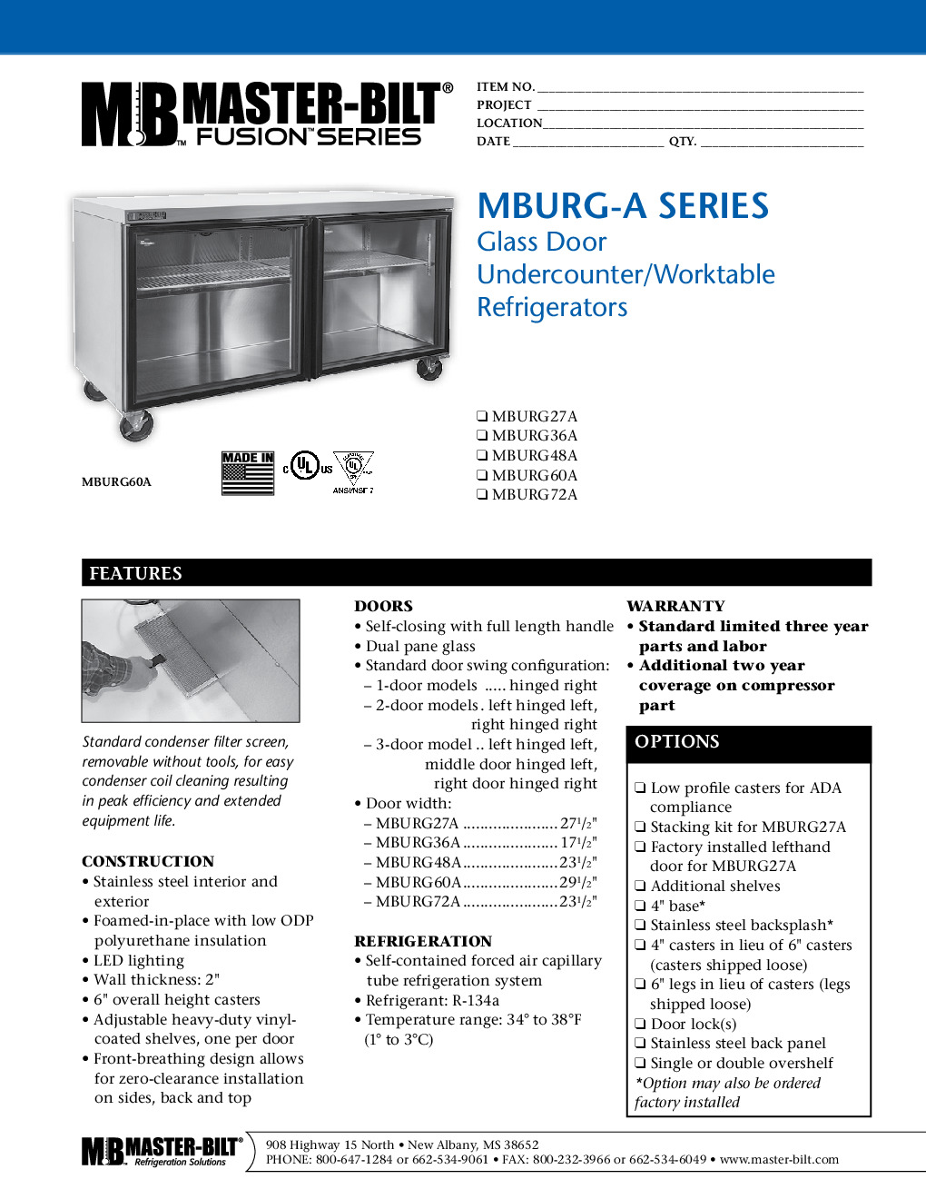 Master-Bilt MBURG48A Reach-In Undercounter Refrigerator