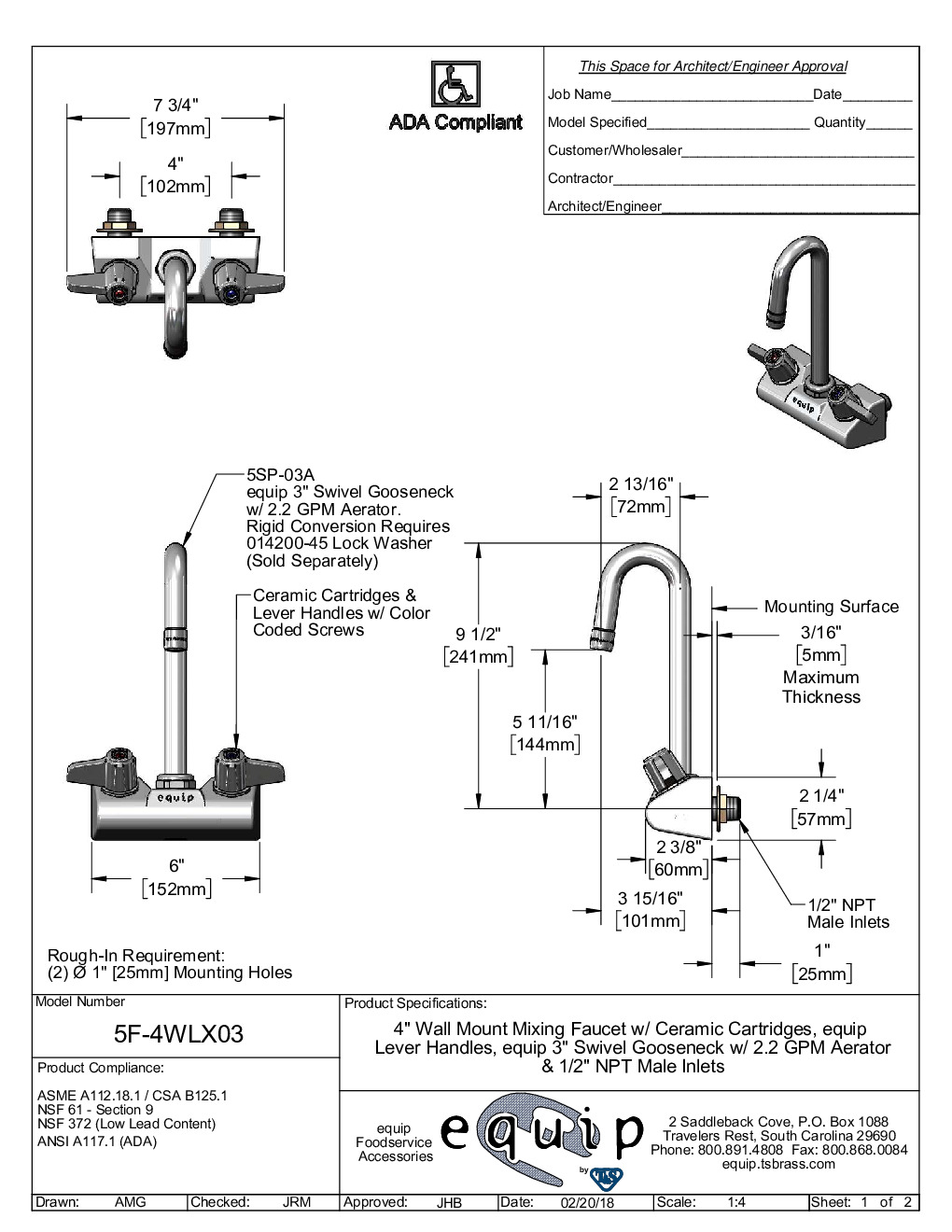 T&S Brass 5F-4WLX03 Wall / Splash Mount Faucet