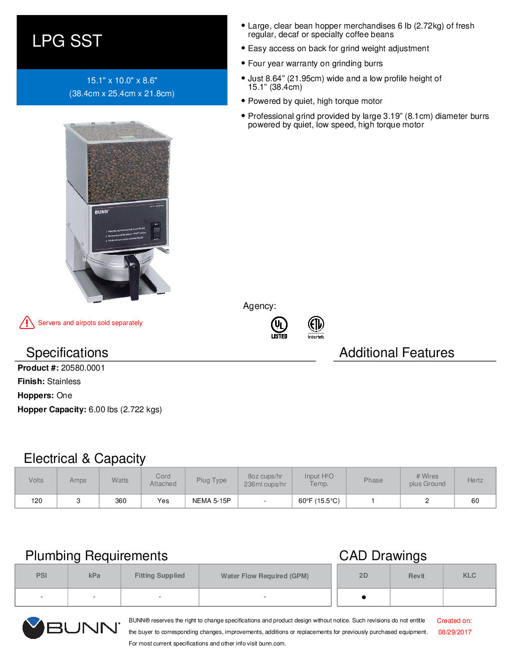 Bunn 20580.0001 LPG Low Profile Portion Control Coffee Grinder 1 Hopper