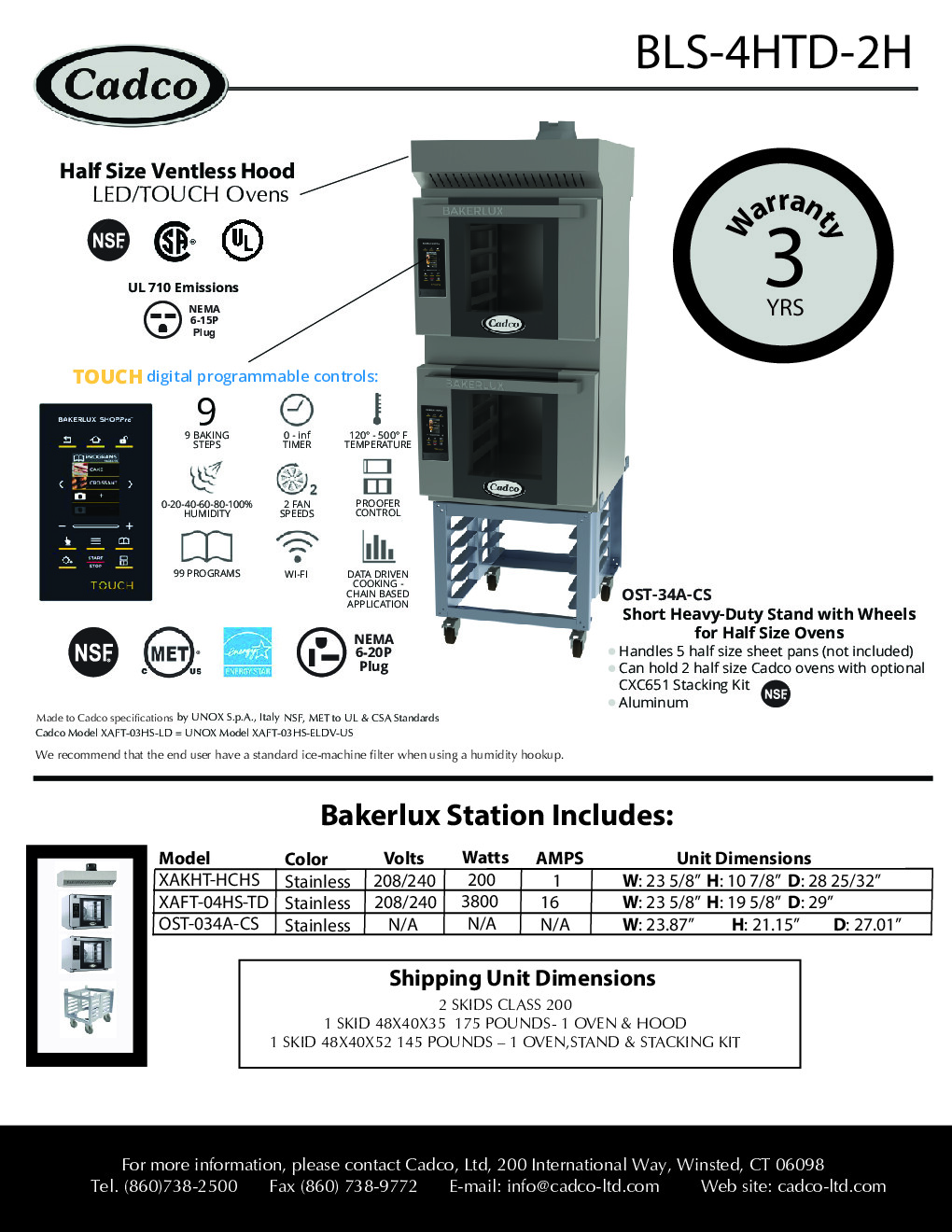 Cadco BLS-4HTD-2H Double Stack Half Size Electric Convection Oven w/ Ventless Hood, Digital Touch Controls