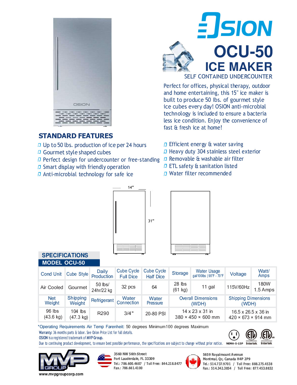 Osion OCU-50 Air Cooled Gourmet Cube 50 lbs Ice Maker with Bin 28 lbs Storage