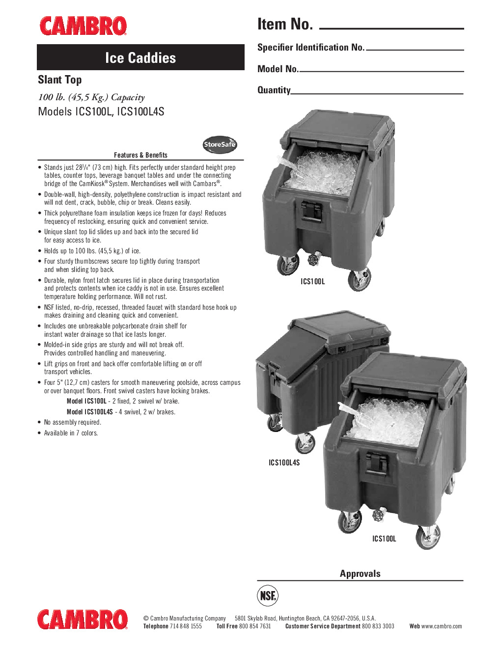 Cambro ICS100L401 Mobile Ice Bin / Ice Caddy 