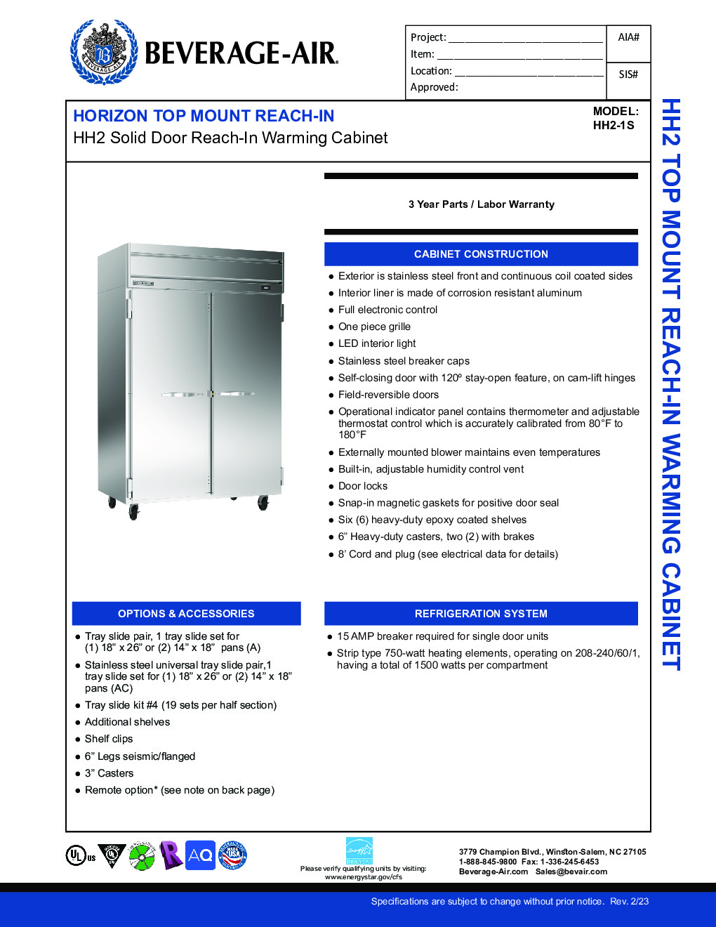 Beverage Air HH2-1S Reach-In Heated Cabinet