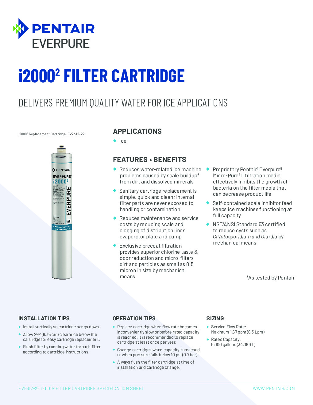 Everpure EV961222 i2000² Water Filter Cartridge, i2000² Cartridge