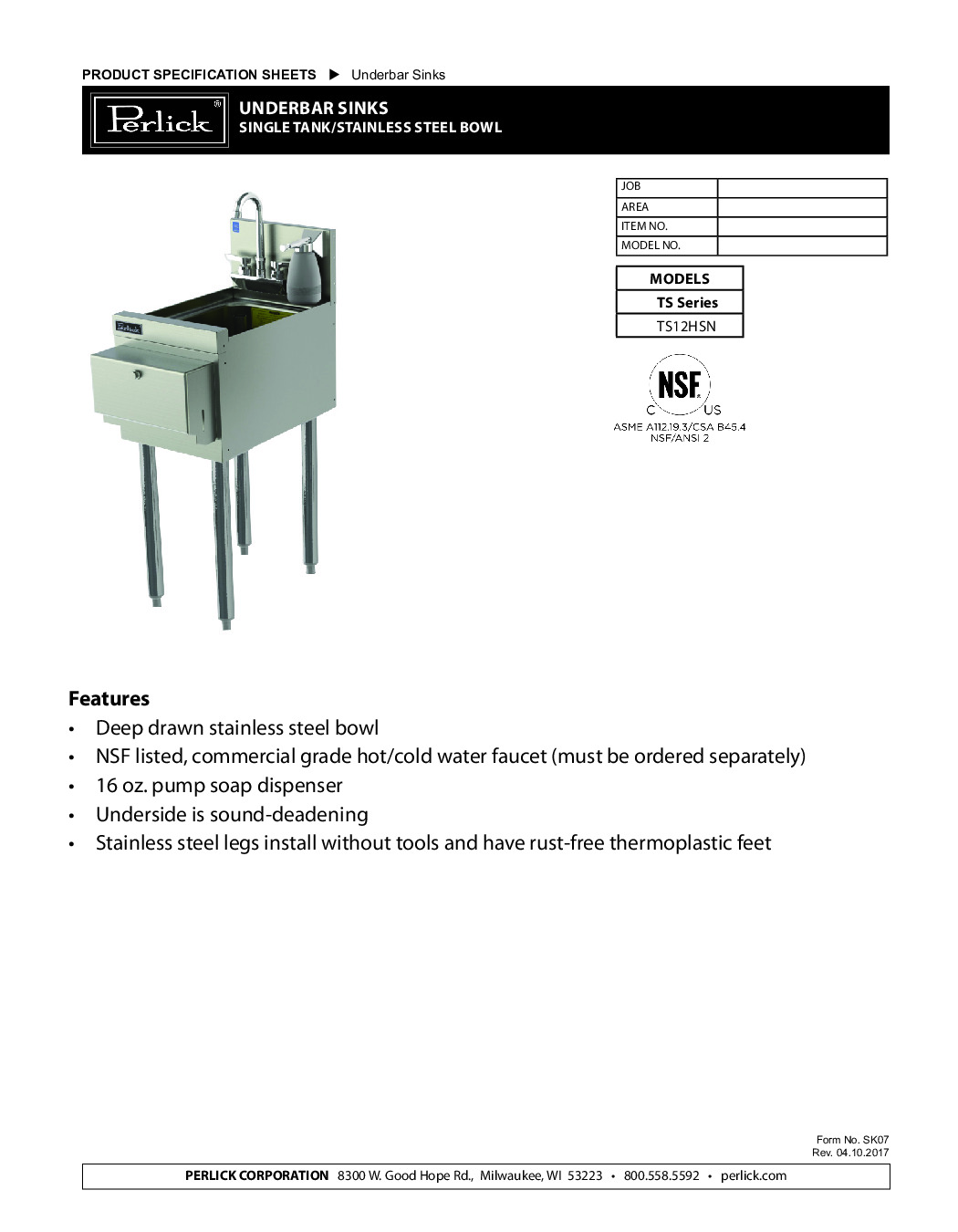 Perlick TS12HSN-STK Underbar Hand Sink Unit