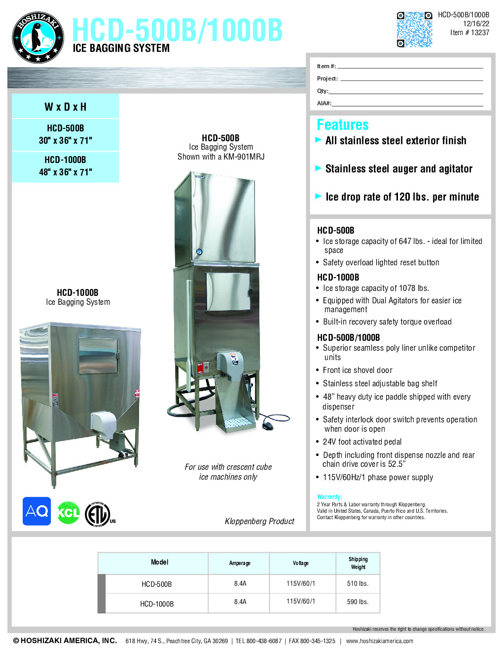 Hoshizaki HCD-1000B Ice Bagging / Dispensing System