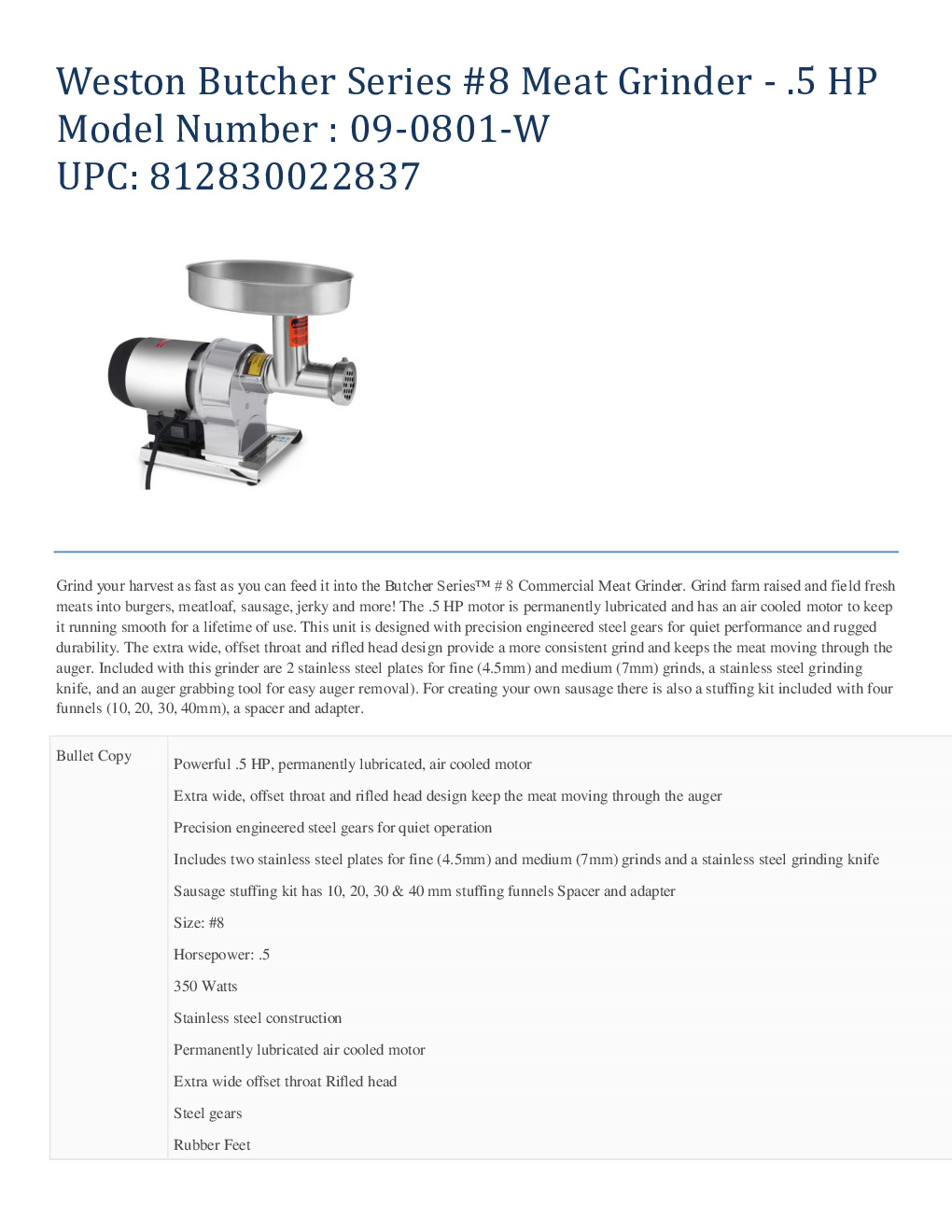 Hamilton Beach Commercial #8 Electric Meat Grinder & Sausage