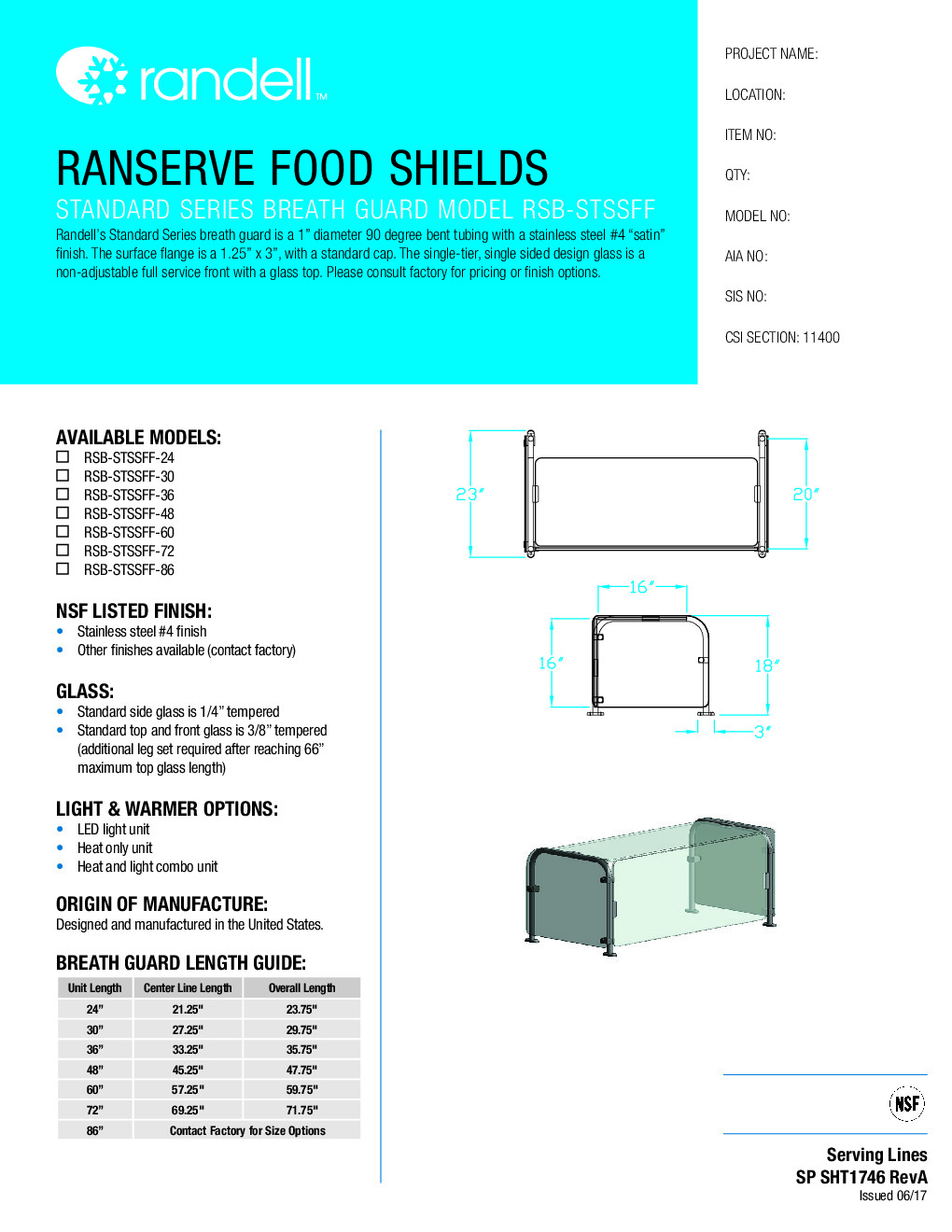 Randell RSB-STSSFF-30 Stationary Sneeze Guard