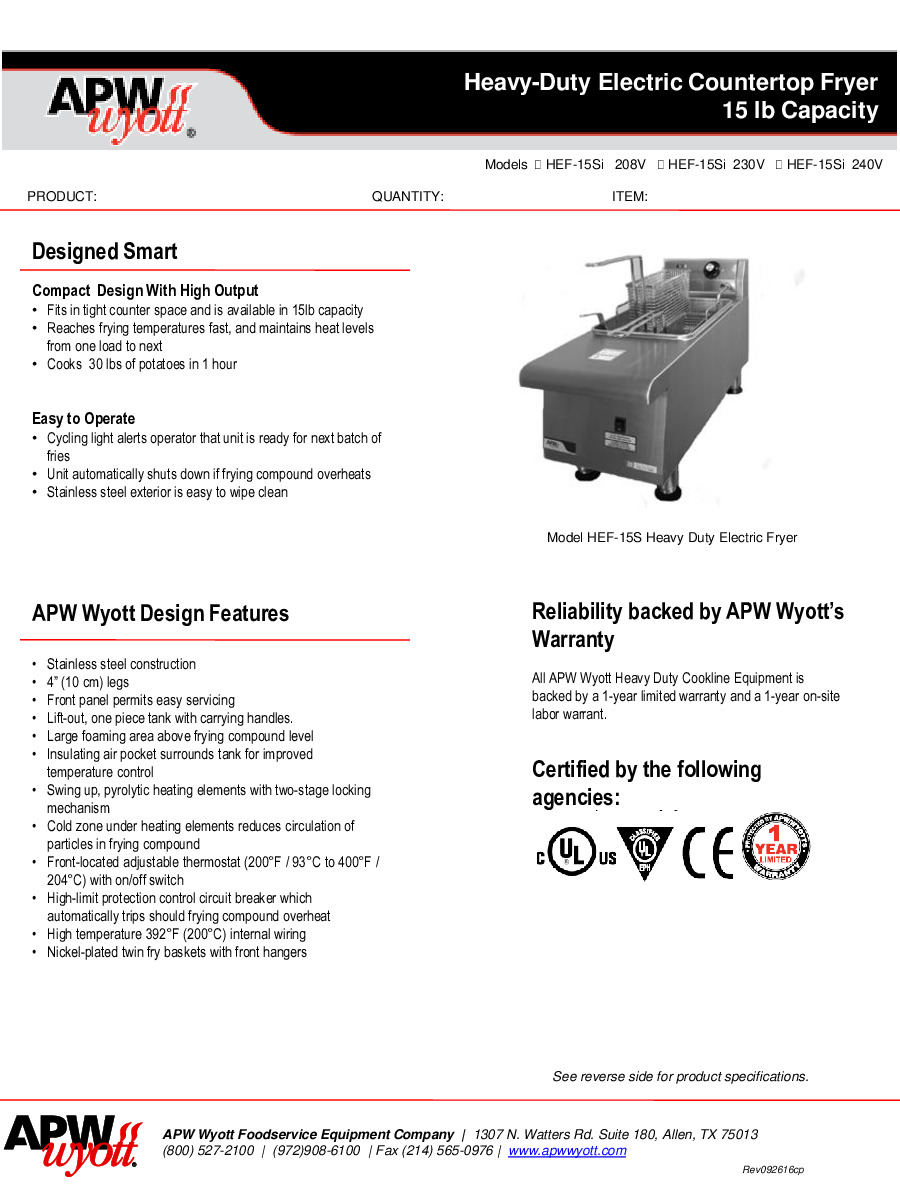 APW Wyott HEF-15SI Full Pot Countertop Electric Fryer