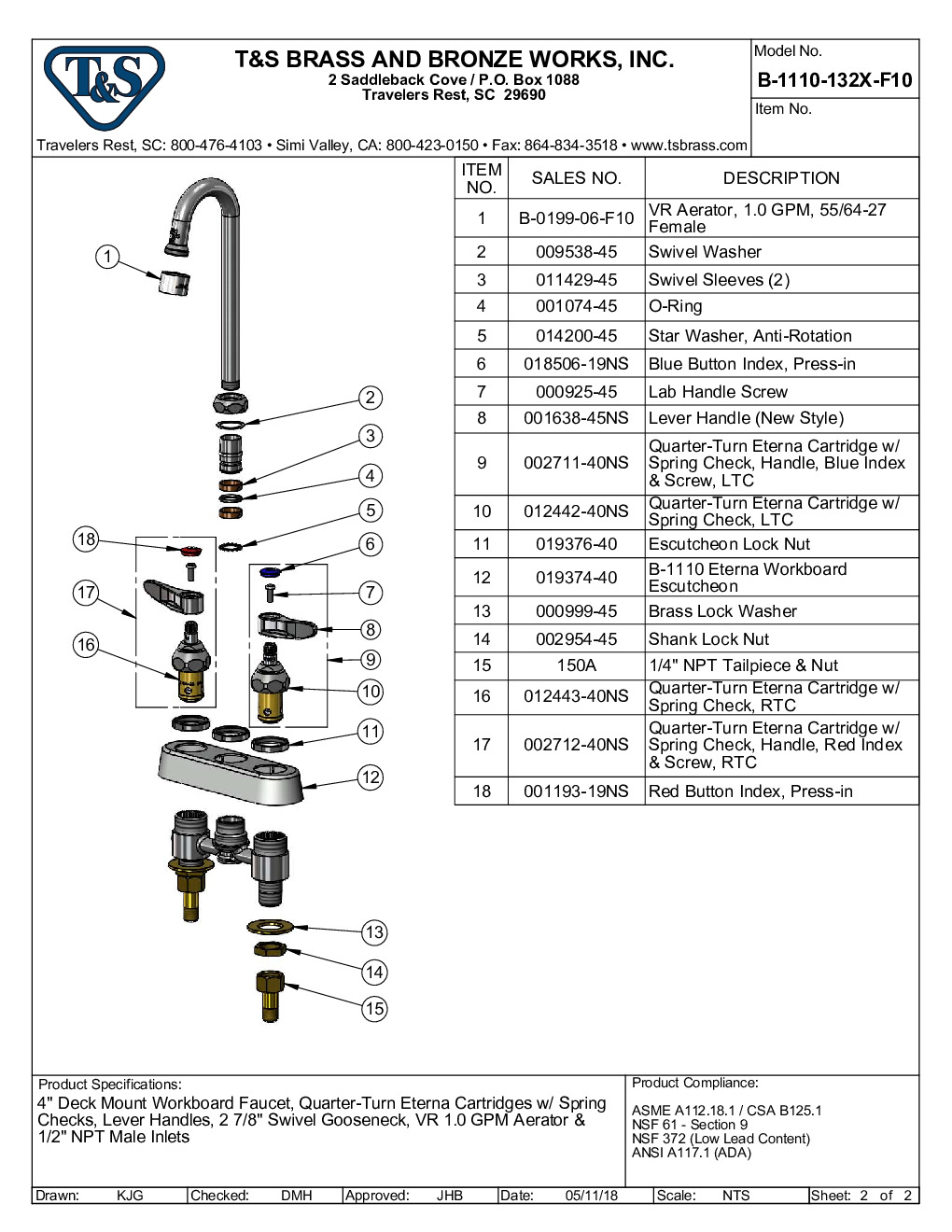 T&S Brass B-1110-132X-F10 Deck Mount Faucet