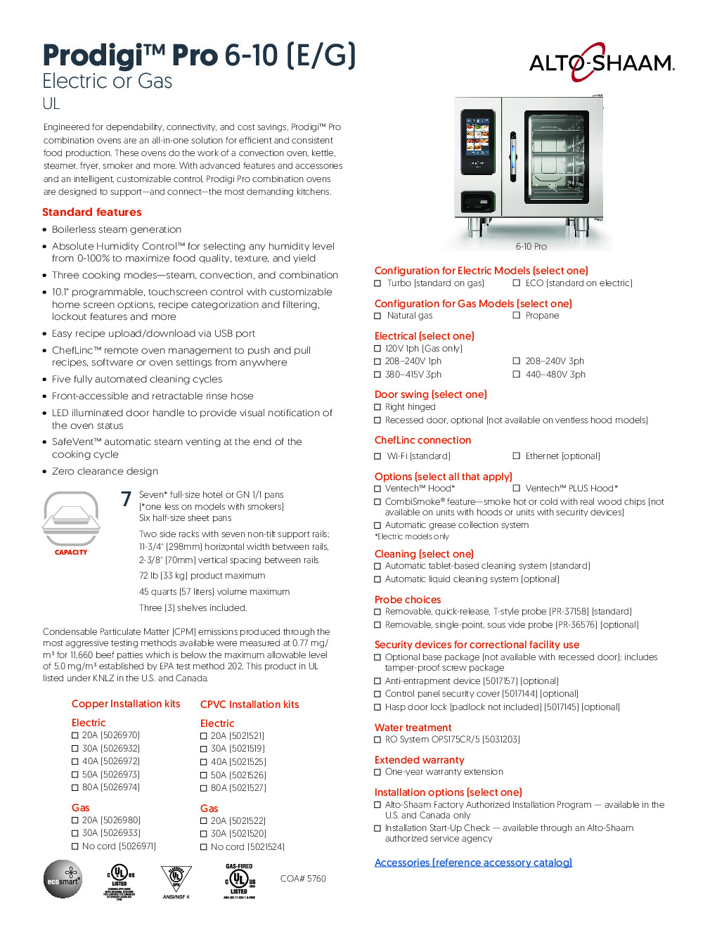 Alto-Shaam 6-10G PRO Gas Combi Oven, Wi-Fi Enabled Controls, 7 Full Size Pan Cap.