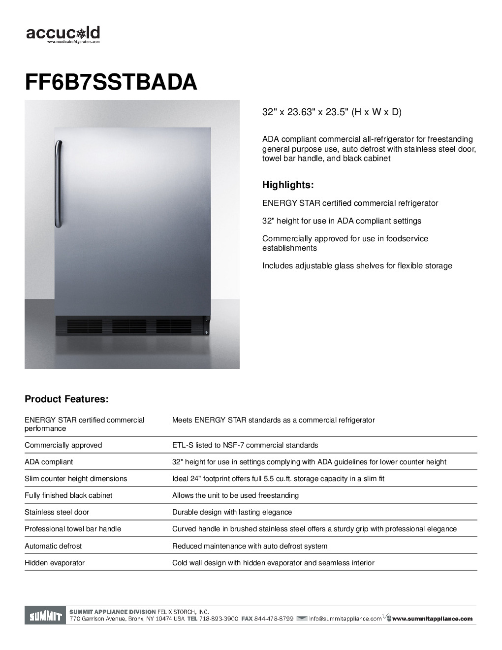 Summit FF6B7SSTBADA Reach-In Undercounter Refrigerator Discontinued