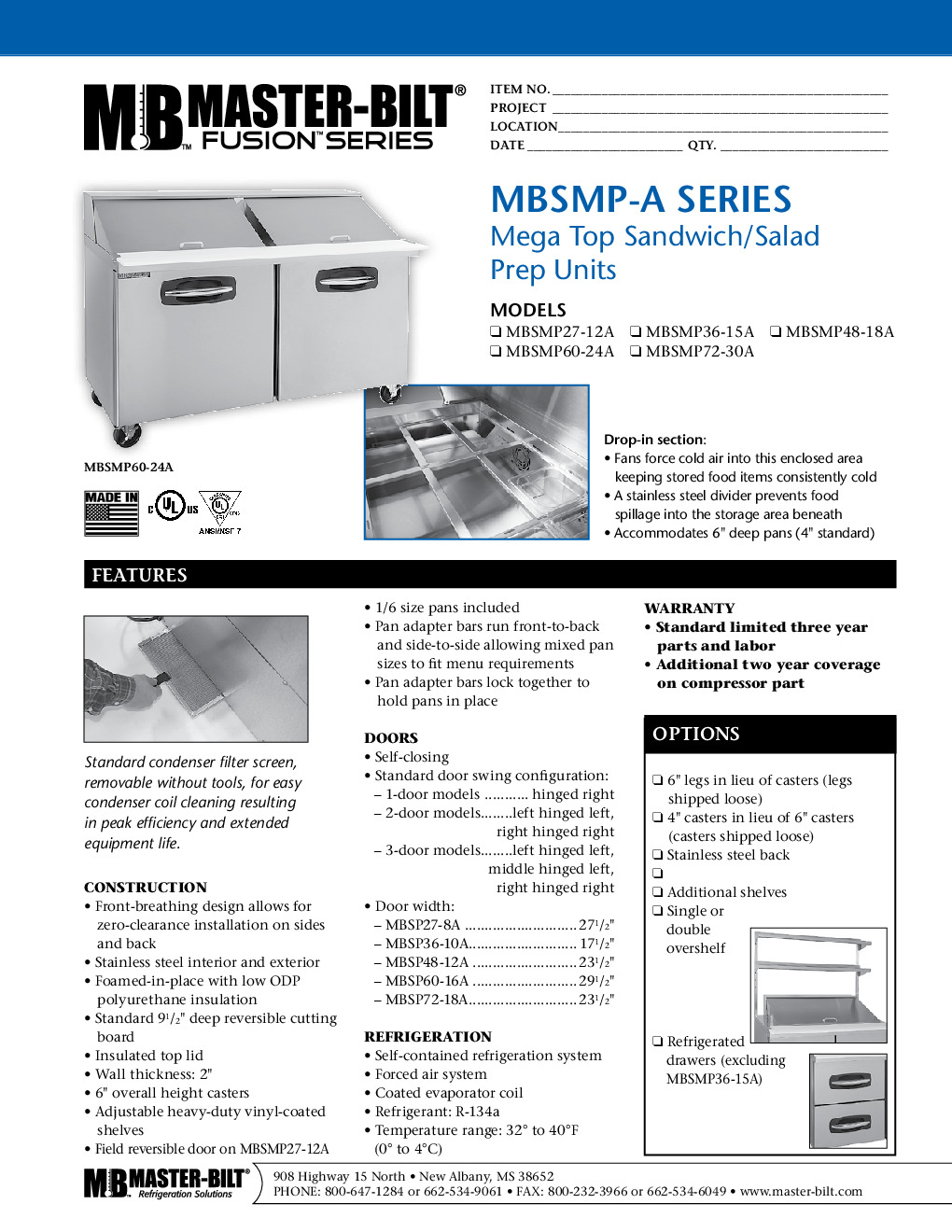 Master-Bilt MBSMP72-30 Mega Top Refrigerated Prep Table w/ 3 Doors, 19.2 Cu Ft, (30) 1/6 Pans