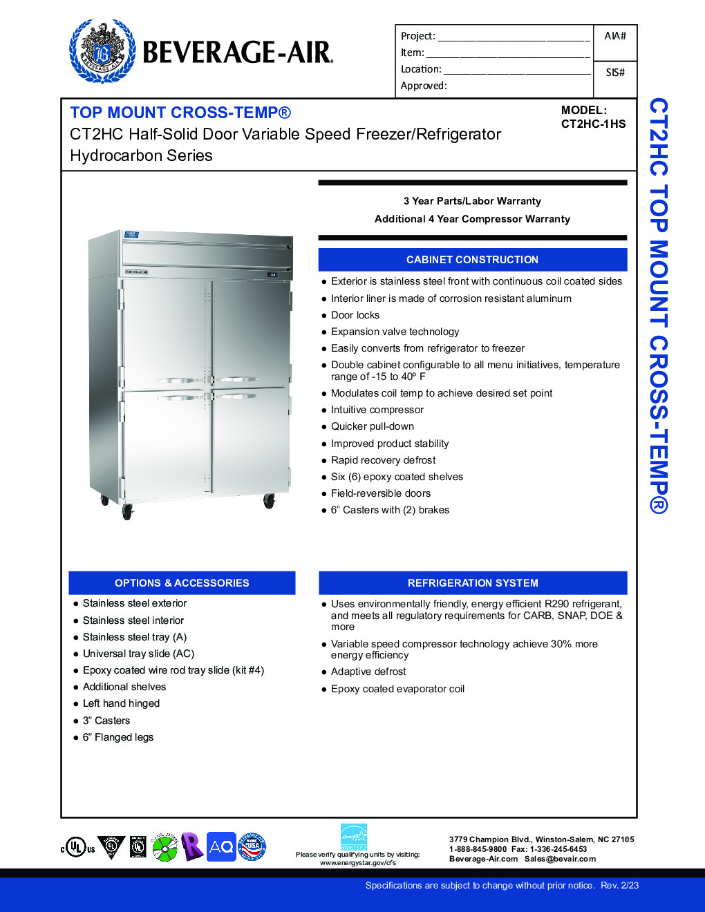 Beverage Air CT2HC-1HS Convertible Refrigerator Freezer w/ 45.2 Cu.Ft., 4 Solid Half Doors