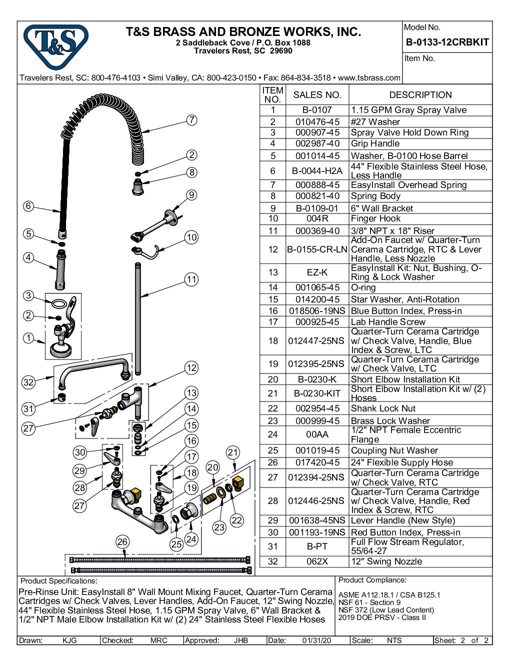 T&S Brass B-0133-12CRBKIT with Add On Faucet Pre-Rinse Faucet Assembly