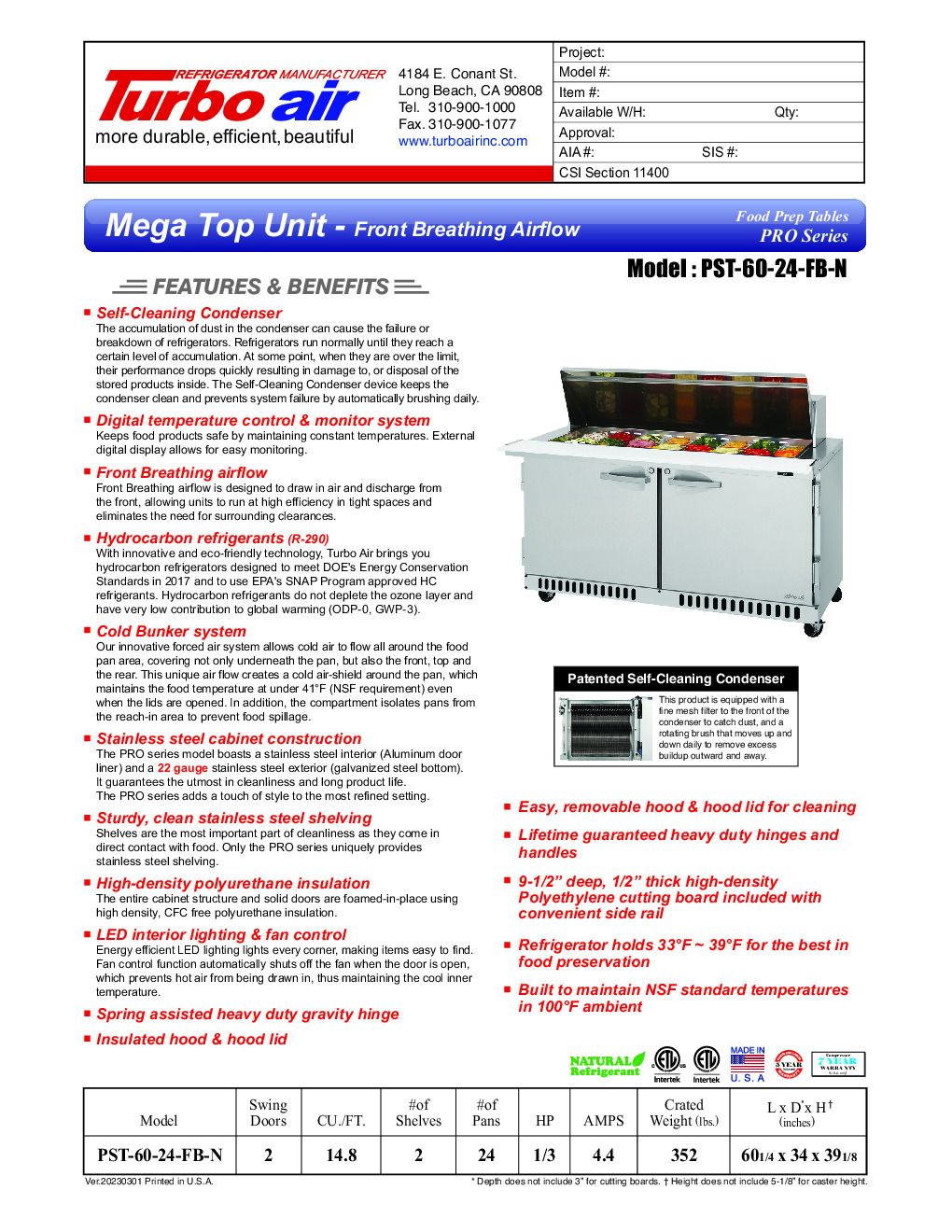 Turbo Air PST-60-24-FB-N Mega Top Sandwich / Salad Unit Refrigerated Counter