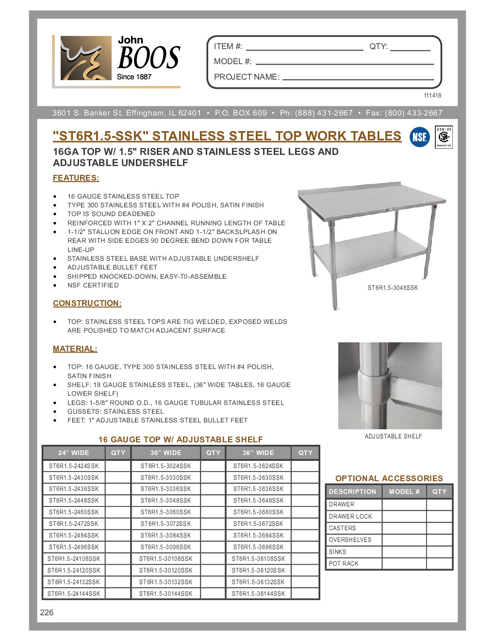 16GA Stainless Steel Flat Top Work Table, 24 Wide, Stainless Steel Legs &  Undershelf, (ST6-SSK)