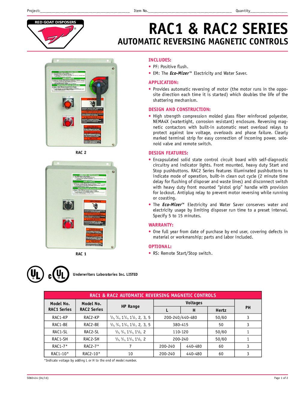 RedGoat RAC2-SL Disposer Control Panel