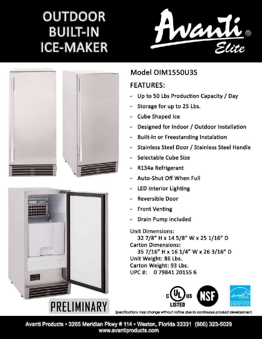 Avanti OIM1550U3S Cube-Style Ice Maker Dispenser