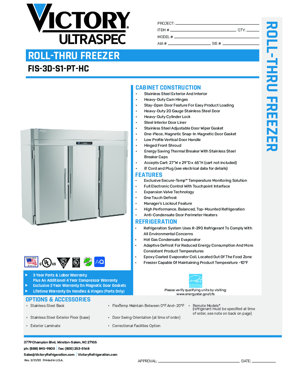 Victory FIS-3D-S1-PT-HC Roll-Thru Freezer