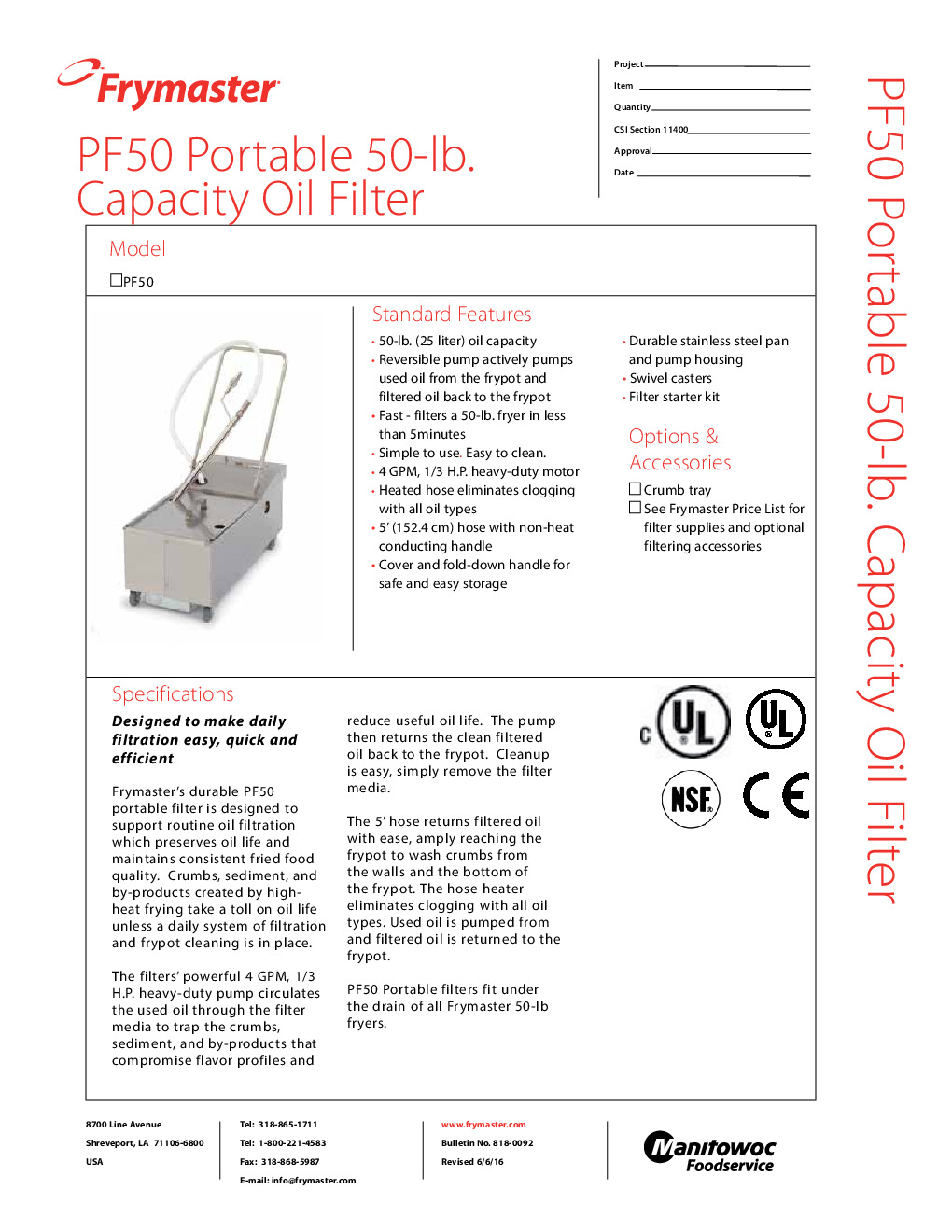 Frymaster PF50R Mobile Fryer Filter w/ 50-Lb Oil Capacity, Reversible Pump, Filter Starter Kit