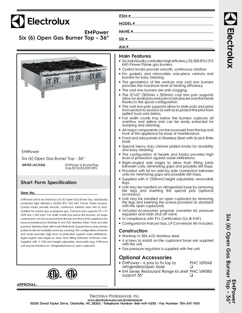 Electrolux 169103 Gas Countertop Hotplate