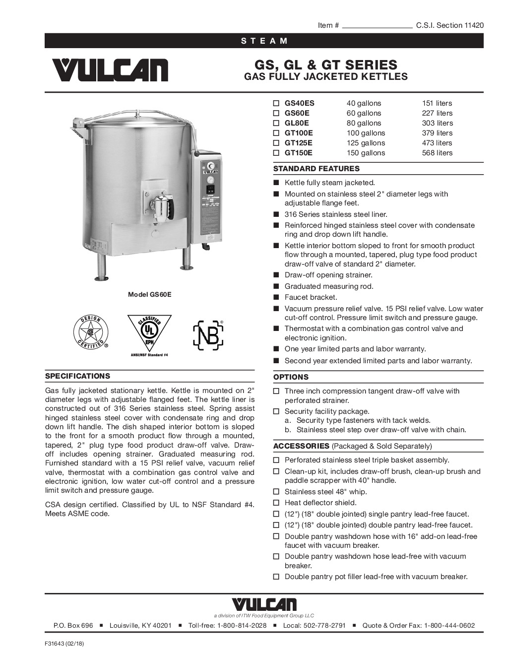 Vulcan GS40ES Stationary Gas Kettle