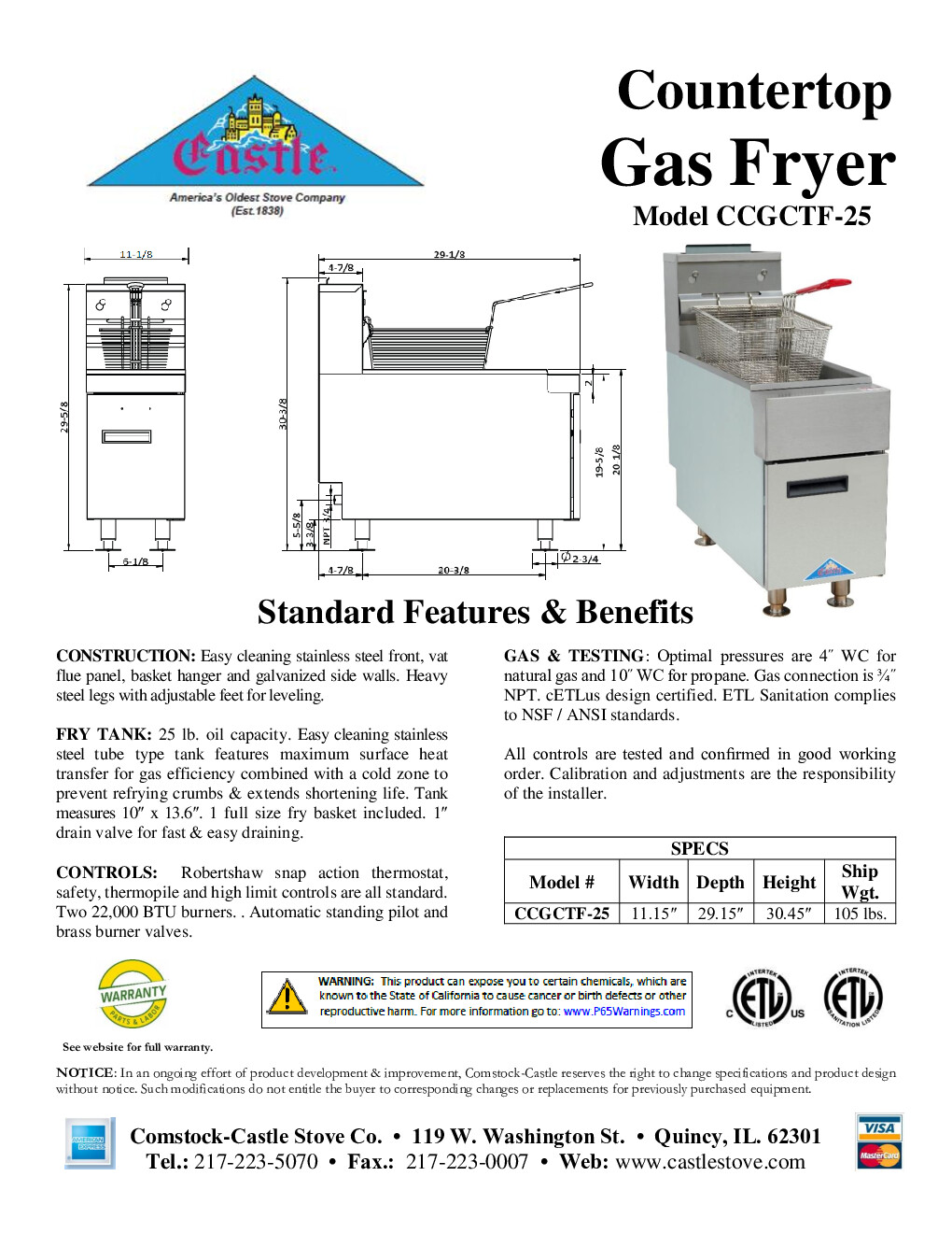 Comstock-Castle CCGTF-25-N Full Pot Countertop Gas Fryer